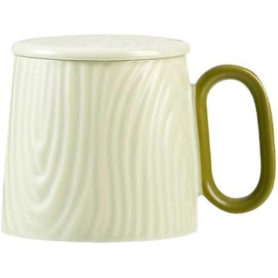 Eenvoudige Kleine Frisse Mok Creatieve Koffiekop met Deksel Lepel Gegolfde Keramische Waterbeker Kantoorbeker Souvenir 320ML beige