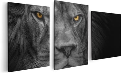 Artaza Canvas Schilderij Drieluik Leeuw - Leeuwenkop - Zwart Wit - 120x60 - Foto Op Canvas - Canvas Print