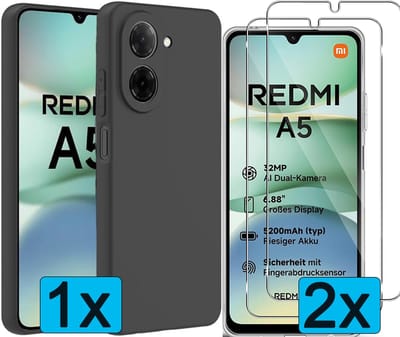 Casemania Hoesje +Glas Geschikt voor Xiaomi Redmi A5 4G - Zwart - Silicone Back Cover met Camera Bescherming - 2 x Glazen Screenprotector