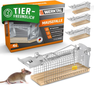 WERKTAL Levende, zeer gevoelige muizenval, set van 4, diervriendelijke Hygene muizenval met dubbele deur, eenvoudige aasbevestiging, herbruikbare rattenval