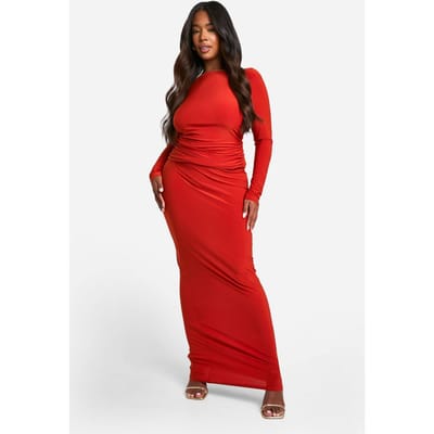 boohoo Dames Plus Dubbel Laag Slinky Lange Mouw Scoop Rug Boog Detail Top & Maxi Rok Co-ord | Roest | Maat: 56