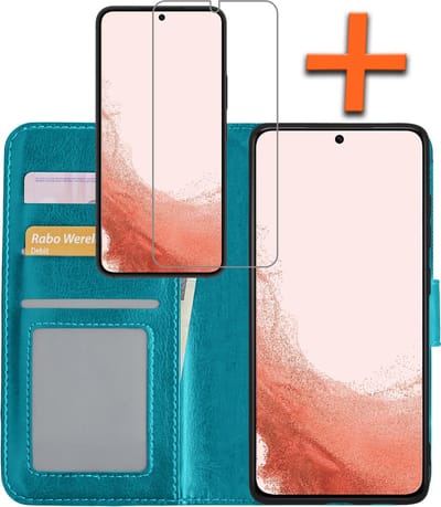 Hoes - Met Screenprotector - Geschikt voor Samsung Galaxy S22 - Luxe Pasjeshouder - Bookcase Portemonee - Flip Case - Kunstleer Book Case - Flipcase - Book Cover - Walletcase - PortemonneeHoes - Turquoise