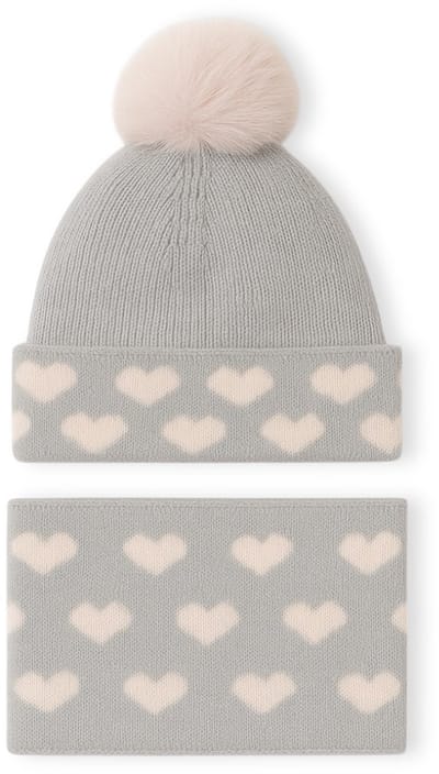 Ultiluxe® Winterset voor kinderen met hartjes print - Grijs/roze - 1 tot 3 jaar - 2-delige set voor meisjes - Muts met pom pom en ronde sjaal - Gevoerd met zachte fleece stof - Warm winter setje voor meisjes - Pastel - Beanie - 2 stuks
