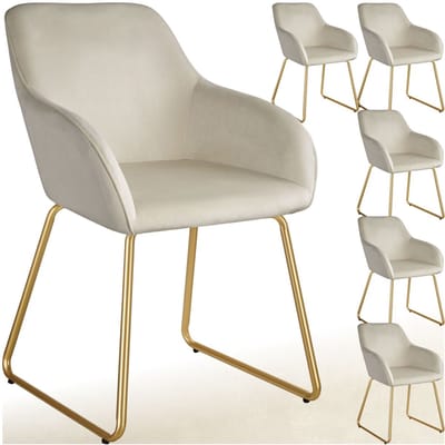 tectake® - Eetkamerstoel Jeane - Set van 6 Eetkamerstoelen - Met doorlopende rugleuning en armleuning - Kuipstoelen met fluwelen bekleding - Stijlvolle keukenstoelen voor eetkamer of woonkamer - Slipvrije en vloerbeschermende voetjes - Crème/goud