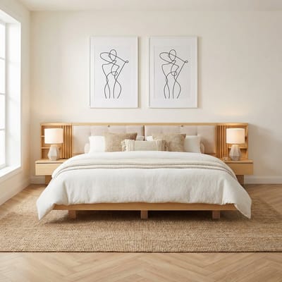 OKWISH Gestoffeerd Bed 180x200 cm - Zwevend Design Met USB En Stopcontact - Hoofdbord Met Opbergruimte En Laden - Zonder Matras - Naturel