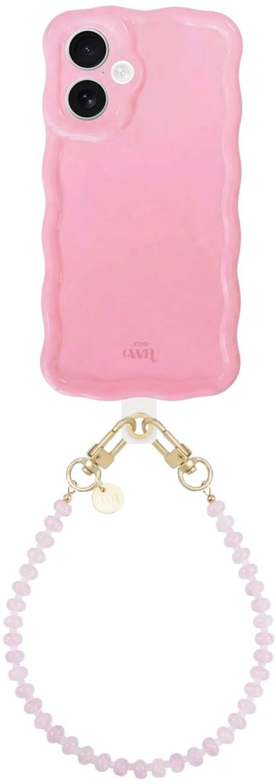 xoxo Wildhearts Glossy Wavy Case Bubble Blush - Dusty Pink (kort koord) - geschikt voor iPhone 17 - hoesje met telefoonkoord - afneembaar koord - Kralenketting - kort telefoonkoord - hoesje met golven - Roze