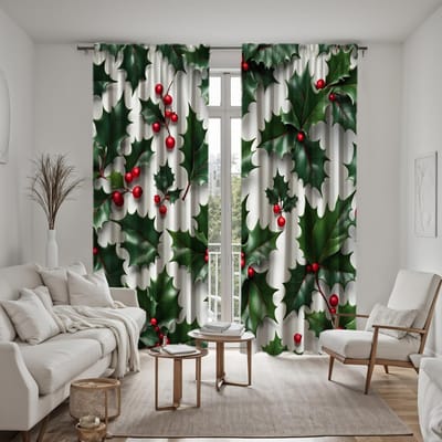 2 pièces de feuille verte de Noël HD bordure blanche Houx baie rideau Vert imprimé numérique rideau style décoration de maison Decorat W52H63inchW132H160cm gray