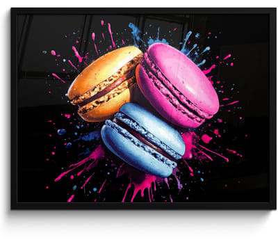 Poster in lijst - Fotolijst 70x50 cm - Posters - Macarons - Dessert - Graffiti - Kleurrijk - Roze - Blauw - Geel - Posterlijst zwart - Decoratie - Wanddecoratie woonkamer - Muurdecoratie slaapkamer
