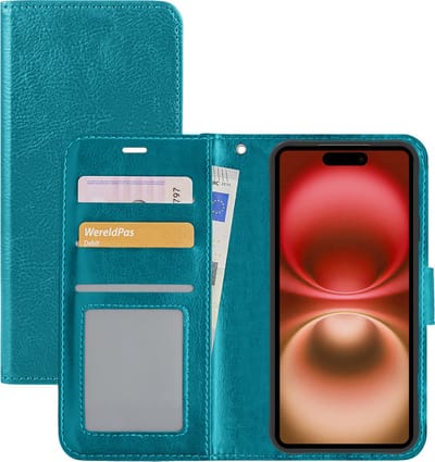 Hoesje - Met Pasjeshouder - Geschikt voor Apple iPhone 16 Plus - Luxe Bookcase Portemonee - Flip Case - Kunstleer Book Case - Flipcase - Book Cover - Walletcase - Portemonneehoes - Turquoise