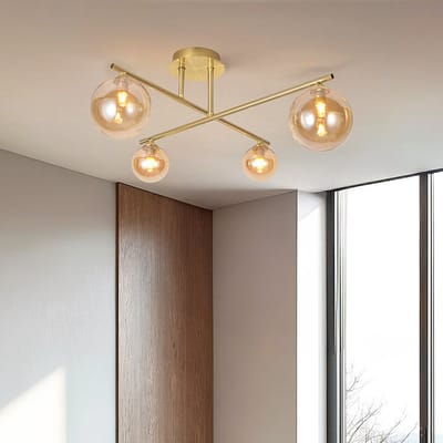 LumenXL - Elegante plafondlamp, 4-lichts goud met amber glas - Nymo