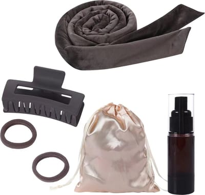 set van 6, Haarkruller, krullen zonder hitte, hitteloze krulband, fluweel, hoofdband voor krullen 's nachts, antislip, doe-het-zelf haarkruller, haarband, voor halflang haar, Met een lege fles , Grijs