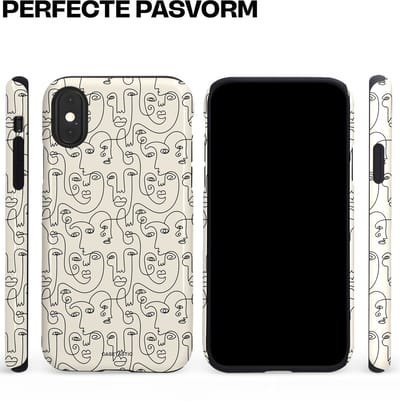 Casetastic hoesje geschikt voor Apple iPhone X / Apple iPhone XS - Dubbellaagse bescherming - Art Deco Creme Abstractie Lijntekening Gezichten - Fashion Case - Zilver Crème Wit