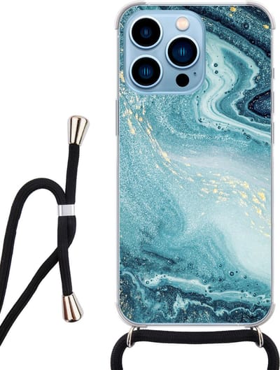 Hoesje met koord - Geschikt voor iPhone 13 Pro - Marmer blauw - Verstelbaar zwart koord - Transparant, Blauw - Marmer - Leuke Telefoonhoesjes