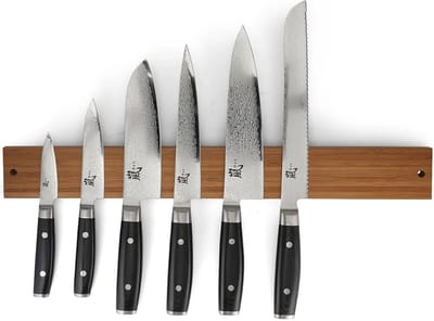 Yaxell Ran Messenset – 7-delig – Magnetische Magneetstrip Bamboe met 6 Messen – 69 Lagen Damaststaal – VG10 Staal – 61 HRC – Canvas-Micarta Heft