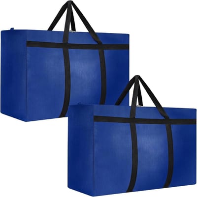 SnelShoppen - 2 Pack 90L Grote Opbergzakken Oxford Katoen Stevige Verhuisdozen Ruime Reistas Voor Verhuizen Kamperen Bedlinnen Kleding Opslag (Blauw)