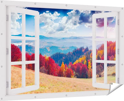 Gards Tuinposter Doorkijk Kleurrijke Herfstbos met Heuvellandschap - 180x120 cm - Tuindoek - Tuindecoratie - Wanddecoratie buiten - Tuinschilderij