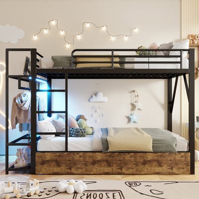 Stapelbed 140 x 200 cm - met 2 lades - opbergruimte - met LED-verlichting - met kledingstang - zonder matras - zwart