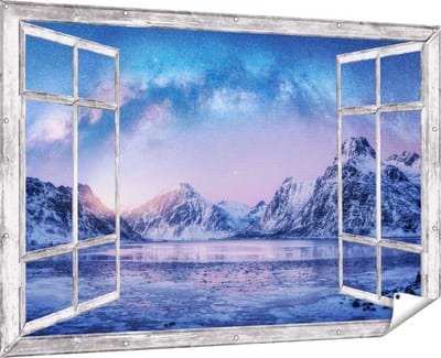 Gards Tuinposter Doorkijk Melkweg bij de Besneeuwde bergen - 180x120 cm - Tuindoek - Tuindecoratie - Wanddecoratie buiten - Tuinschilderij