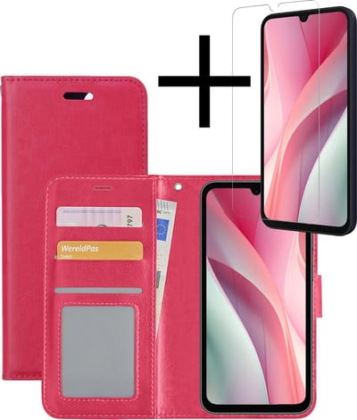Hoesje - Met Screenprotector - Geschikt voor Samsung Galaxy A15 - Luxe Pasjeshouder - Bookcase Portemonee - Flip Case - Kunstleer Book Case - Flipcase - Book Cover - Walletcase - Portemonneehoes - Donkerroze