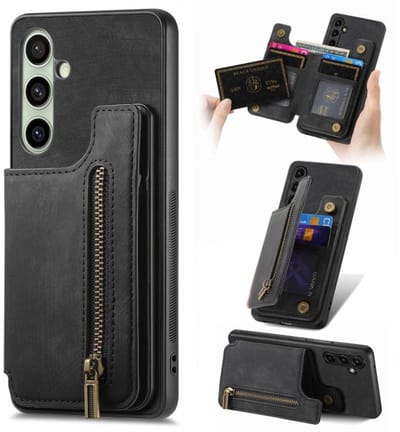 Silicone TPU en kuntleer kickstand retro zwart back cover hoesje case met rits - pasjeshouder - telefoonhoesje geschikt voor de Samsung Galaxy A56 5G