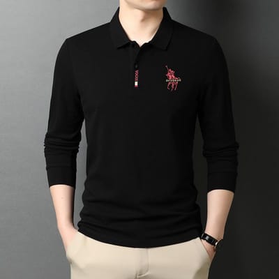 Heren jonge en middelbare leeftijd zakelijke casual tops lente en herfst nieuw lange mouwen T-shirt vierkante kraag POLO shirt M black