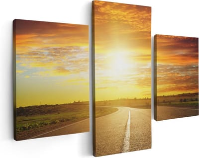 Artaza Canvas Schilderij Drieluik Zonsondergang Over De Weg Met Een Rode Lucht - 90x60 - Foto Op Canvas - Canvas Print