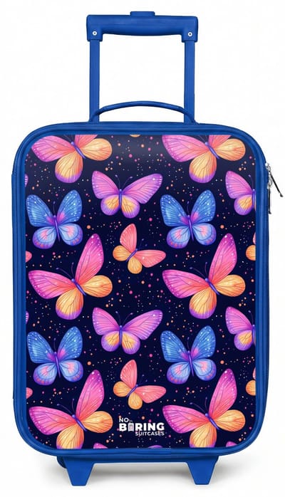 NoBoringSuitcases.com® - Kinderkoffer blauw - Kindertrolley jongen - Kleurrijke vlinders in roze en blauw - Koffer kind lichtgewicht - Reiskoffer trolley voor kinderen - Koffertje met lichtgevende wieltjes - Rolkoffer