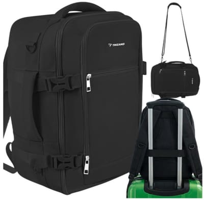 Trizand Zwarte handbagage rugzak 40 x 25 x 20 cm met 7 vakken en kofferbevestiging