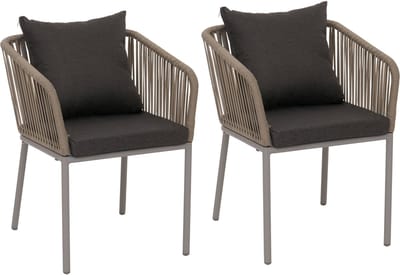 Set van 2 tuinstoelen MCW-N41, armleuning voor buiten, weerbestendig aluminium touwvlechtwerk Rope ~ grijs, donkergrijs kussen