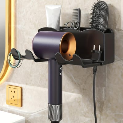 1 pièce Support de rangement pour sèche-cheveux non perforé, Support de rangement mural pour salle de bain, Support de placement stable pour sèche-cheveux de salle de bain noir