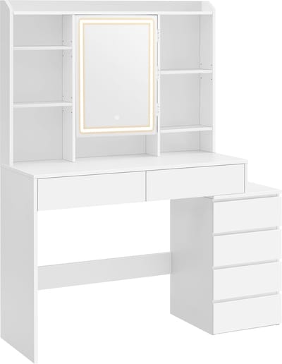 VASAGLE - Kaptafel - Kaptafel met LED-Verlichting - Spiegel met Instelbare Helderheid - Lades en Open Vakken