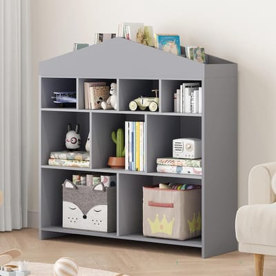 Speelgoedopbergrek - Kinderboekenkast met 9 vakken - boekenkast van 103 cm breed, speelhuisje voor peuters, plank voor jongens en meisjes - Houten opbergrek met vakken voor speelgoed - 104 × 100 × 30 cm - Grils