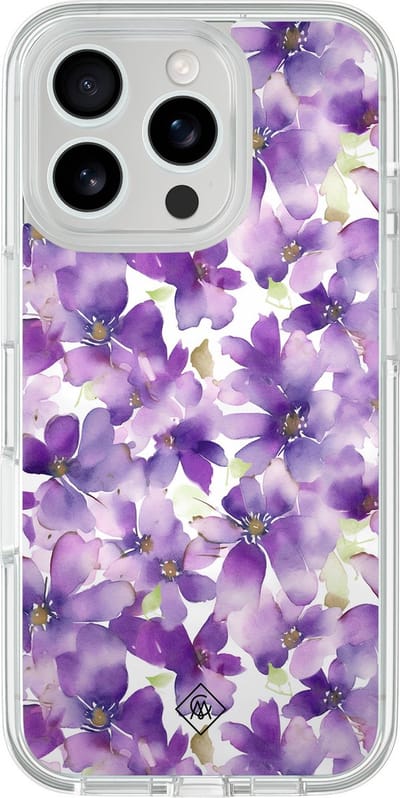 Casimoda® hoesje - Geschikt voor iPhone 16 Pro Max - Floral Violet - 2-in-1 case - Schokbestendig - Bloemen - Verhoogde randen - Paars, Transparant
