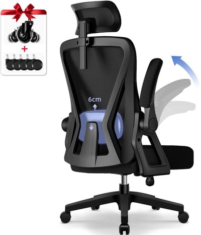 Hiaonyx Bureaustoel - ergonomische bureaustoel - bureaustoel voor volwassenen - 4D lendensteun - Opklapbare armleuningen - Vergrendelbare rugleuning - Kantelbaar tot 135° - Met stille wielen - Zwart
