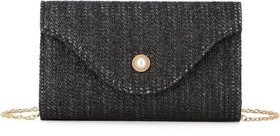 Kleine gevlochten tas voor dames van synthetisch stro, ideaal voor strand, bruiloft en vakantie met pareldetails