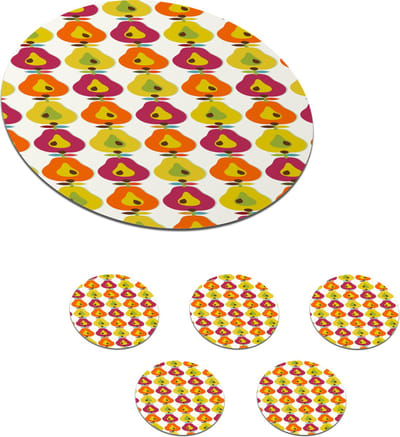 Onderzetters voor glazen - Rond - Retro - Design - Peer - Fruit - 10x10 cm - Glasonderzetters - 6 stuks