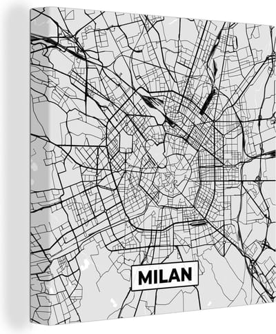 Canvas Schilderij Milaan - Stadskaart - Zwart Wit - Plattegrond - Kaart - 20x20 cm - Wanddecoratie