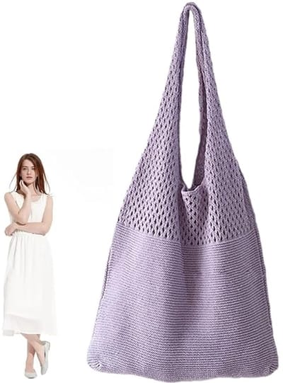 LISM-Lichtgewicht en zachte gebreide strandtas Geschikt voor dames | Zachte polyester schoudertas, perfect Geschikt voor het strand, winkelen, afspraakjes, reizen, school of werk (paars)