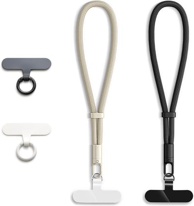Korte Telefoonketting voor Mobiele Telefoon, Universele Polsband, Sleutelhanger en Camera Lanyard (Zwart + Kameel) - Ideaal voor Draagbaarheid en Veiligheid