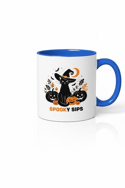 Spooky Sips Halloween Mok - Kat met Heksenhoed en Pompoenen - 330ml