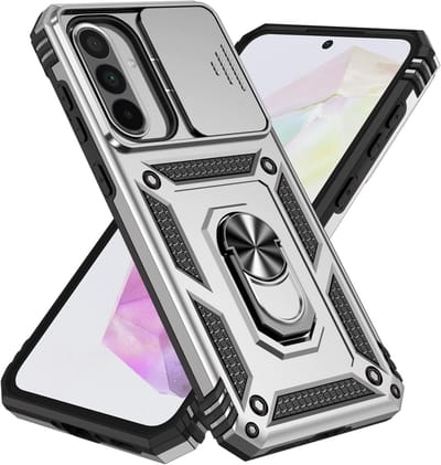 Geschikt voor Samsung Galaxy A56 5G mobiele telefoonhoesje, 360° volledige camerabescherming, harde PC schokbestendige versterkte bepantsering, robuuste schokbestendige bumperbeschermhoes - zilver