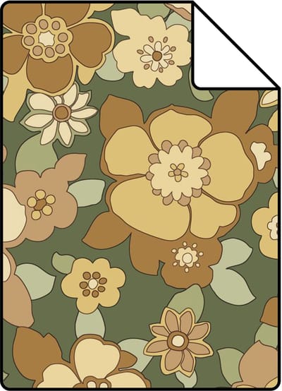 Proefstaal ESTAhome behang retro bloemen donkergroen en geel - 26.5 x 21 cm - 131528-S