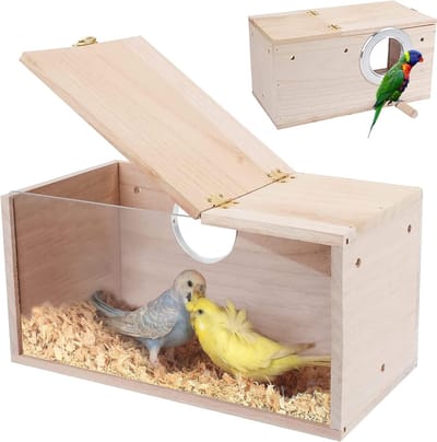 Nesting Box voor Parkieten en Vinken, Transparant Ontwerp van Natuurlijk Hout, Ideaal voor Kleine Vogels met Stang en Comfortabele Nestplaats