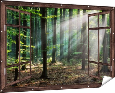 Gards Tuinposter Doorkijk Bos met Zon tussen de Bomen - 180x120 cm - Tuindoek - Tuindecoratie - Wanddecoratie buiten - Tuinschilderij