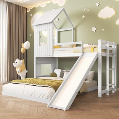 KOMHTOM - Stapelbed - met glijbaan - huisbed - kinderbed - met valbeveiliging - met raam en dak - met drie-treden ladder - grenen + MDF - wit - 90x200 cm & 140x200 cm