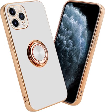 Cadorabo Hoesje geschikt voor Apple iPhone 11 PRO MAX in Glossy Wit - Goud met ring - Beschermhoes van flexibel TPU-silicone Case Cover met camerabescherming en magnetische autohouder