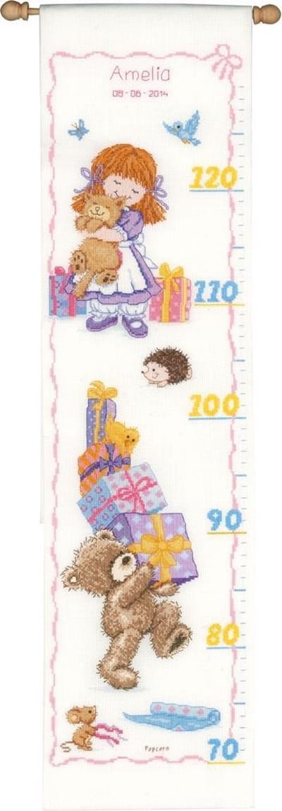 Vervaco - Telpakket kit - Geboorte - Groeimeter - Popcorn met cadeautjes - PN-0148089 - Borduren - Borduurpakket - Borduurpakket geboorte - Borduurpakket volwassenen