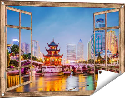 Gards Tuinposter Doorkijk Rivier bij Stad Guiyang in China - 90x60 cm - Tuindoek - Tuindecoratie - Wanddecoratie buiten - Tuinschilderij