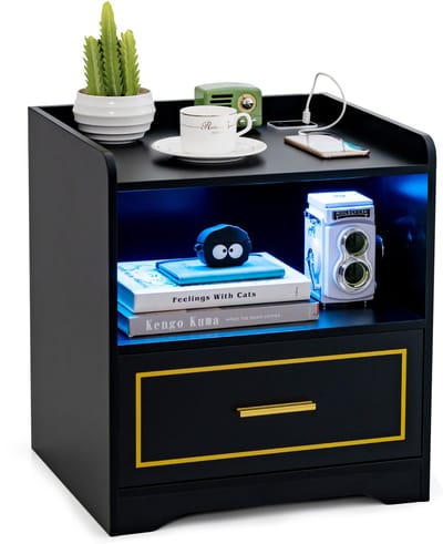COSTWAY Nachtkastje met ledlicht, USB-poort en type C-laadstation, nachtkastje met bewegingssensor, bijzettafel met open vak en lade, nachtkastje voor slaapkamer, zwart