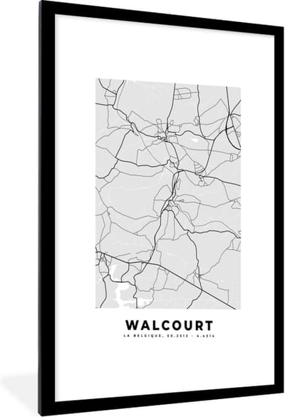 Fotolijst incl. Poster Zwart Wit- Stadskaart – Plattegrond – België – Zwart Wit – Walcourt – Kaart - 60x90 cm - Posterlijst